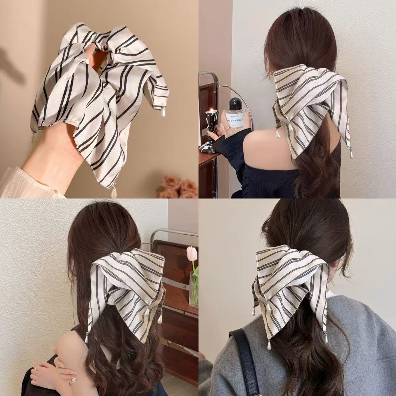 라지 서클 사이즈 4 - 드롭 비즈 스트라이프 25cm 스퀘어 스카프