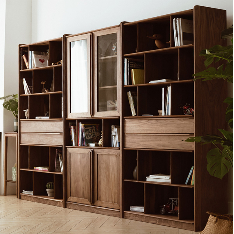 Nordic Black Walnut Solid Wood Combination Bookcase Glass Door Cabinet Mortise and Tenon Joint Bookcase Light Luxury Floor-Standing Wall Bookshelf Storage Cabinet