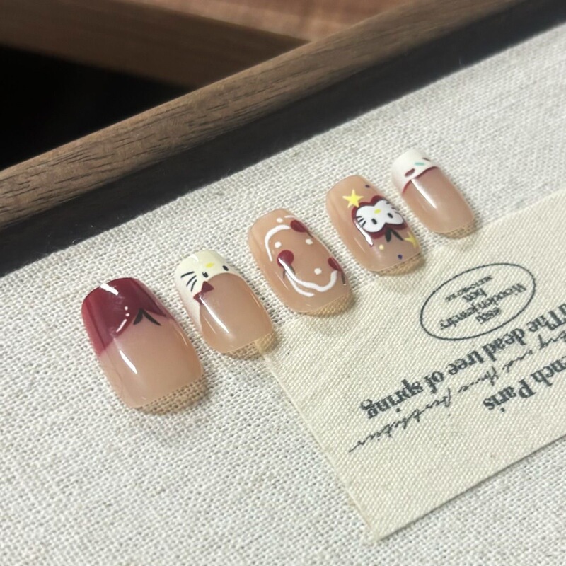 子供用ウェアラブルネイル、超かわいいアップルキティホワイトニングマニキュア、取り外し可能なショートネイル、手描きの甘い女の子イン|undefined
