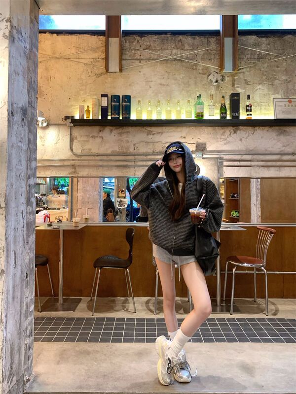 韩系慵懒风撞色条纹连帽拉链卫衣外套女秋季小众百搭宽松显瘦上衣|undefined