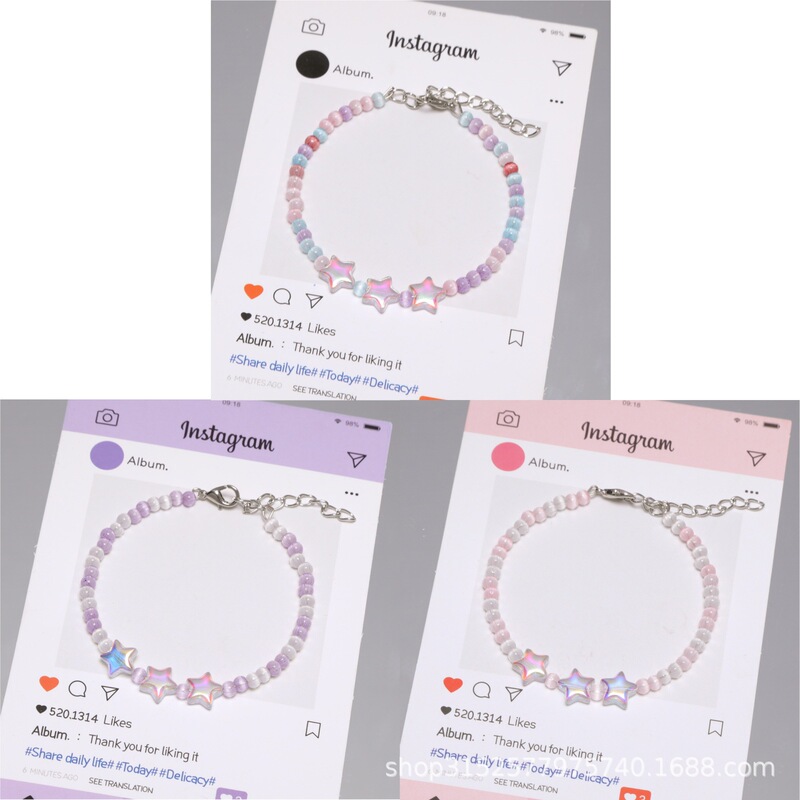 Original Design Cat-Eye Rice Beads Memory Steel Ring Starry Bracelet Ins Fashion Simple Sweet Student Super Fairy Hand Accessory