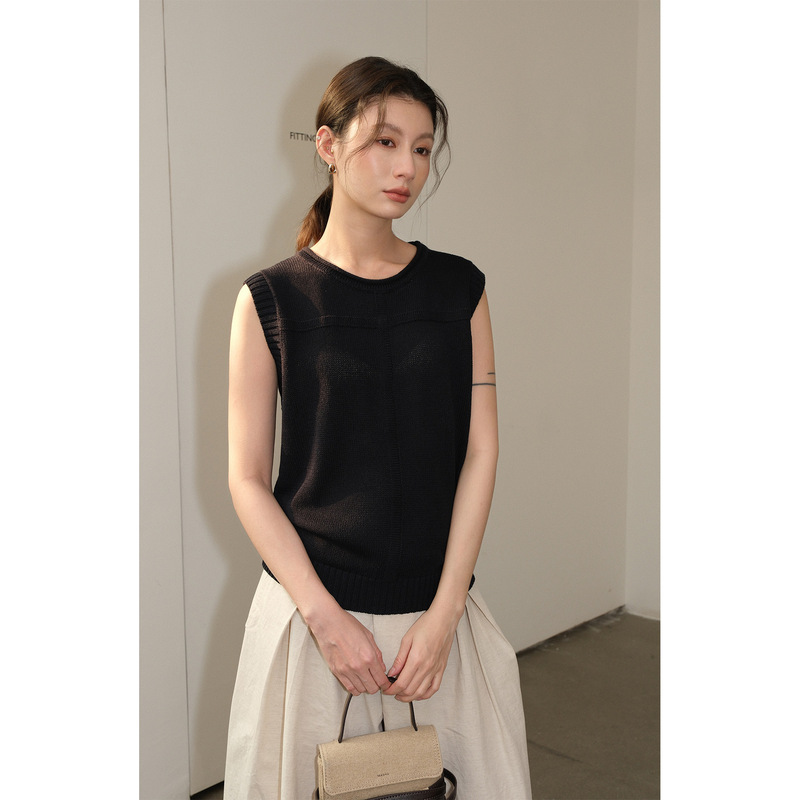 Neihe 2026 Spring New Women's Linen Blend Roll-Neck Knit Top Sleeveless Knitwear 258002
