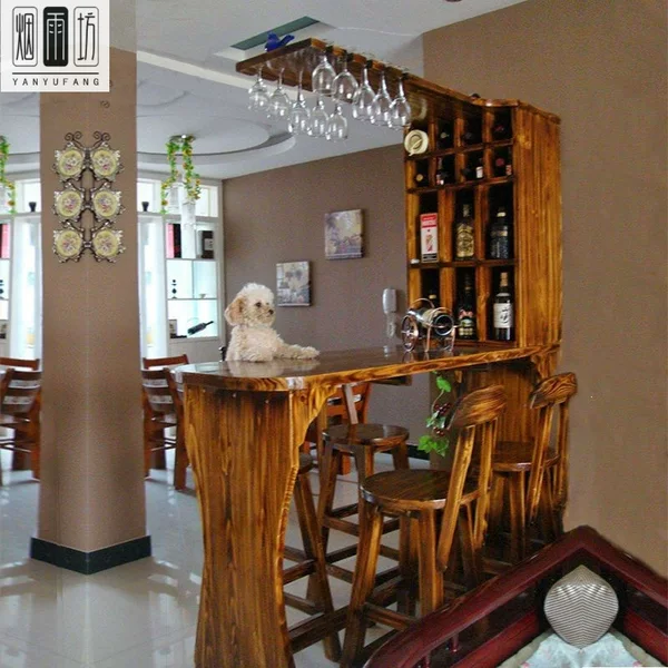 Modern-style foyer bar counter with solid wood partition, wine cabinet, living room home bar chair set, simple bar table