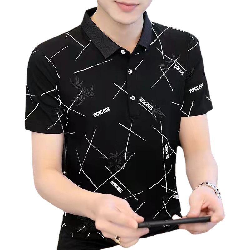 [Alta calidad] Camiseta de manga corta de los hombres de verano camisa de polo de solapa coreana moda juventud impresa más tamaño superior
