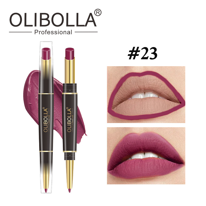 OLIBOLLA lápiz labial de doble cabeza delineador de labios 24 colores perlado color impermeable lápiz labial giratorio exclusivo transfronterizo