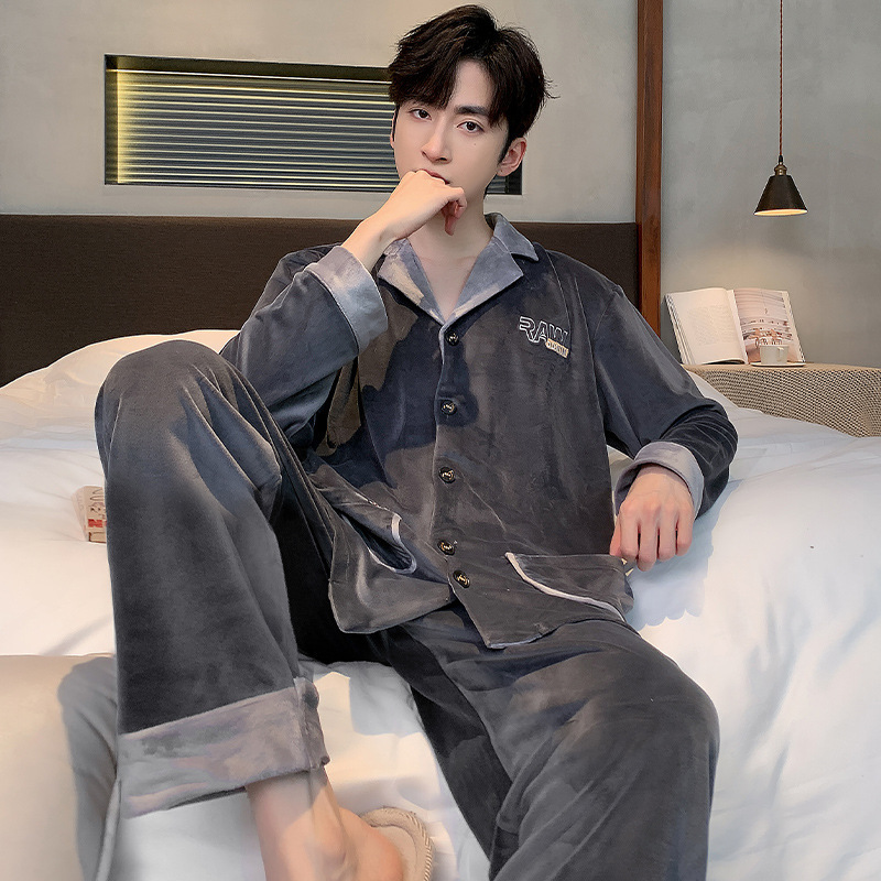 High-End Island Velvet Pajamas for Men, Autumn and Winter Style, Cardigan, Long-Sleeved, Large Size 150kg Home Wear Set for Young and Middle-Aged People High-End Island Velvet Pajamas for Men, Autumn and Winter Style, Cardigan, Long-Sleeved, Large Size 150kg Home Wear Set for Young and Middle-Aged People