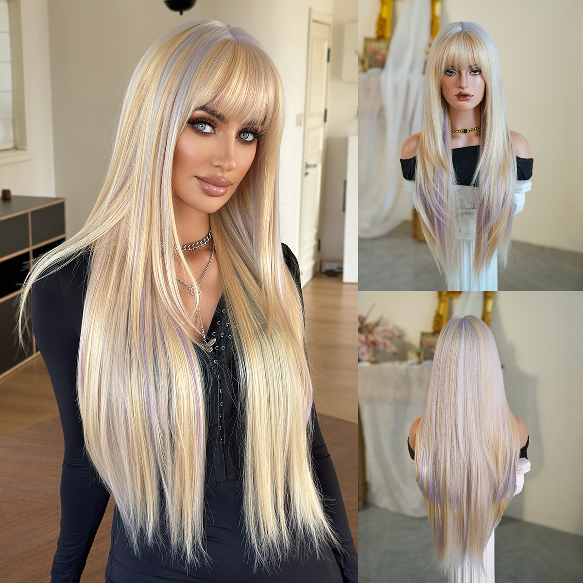Peluca mujer moda cara redonda capa cabello liso súper largo peluca negra completa flequillo conjunto de fibra química de alta calidad