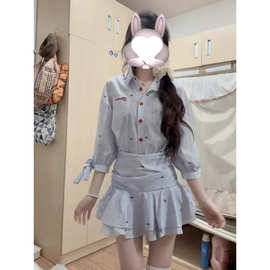 学院风miu系蓝色衬衫连衣裙女秋秋季气质收腰百褶短裙