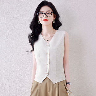 Korean Style Sleeveless Vest Top, Versatile, Slim and Loose, V-Neck Single-Breasted Design, Casual Linen Jacket