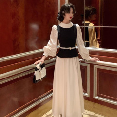 奥黛丽小姐 赫本高级缎面连衣裙经典黑白配色长袖收腰长裙送腰带