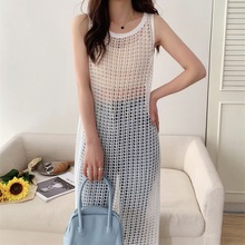 实拍韩国东大门新款镂空针织背心连衣裙女夏海边度假风罩衫裙长裙