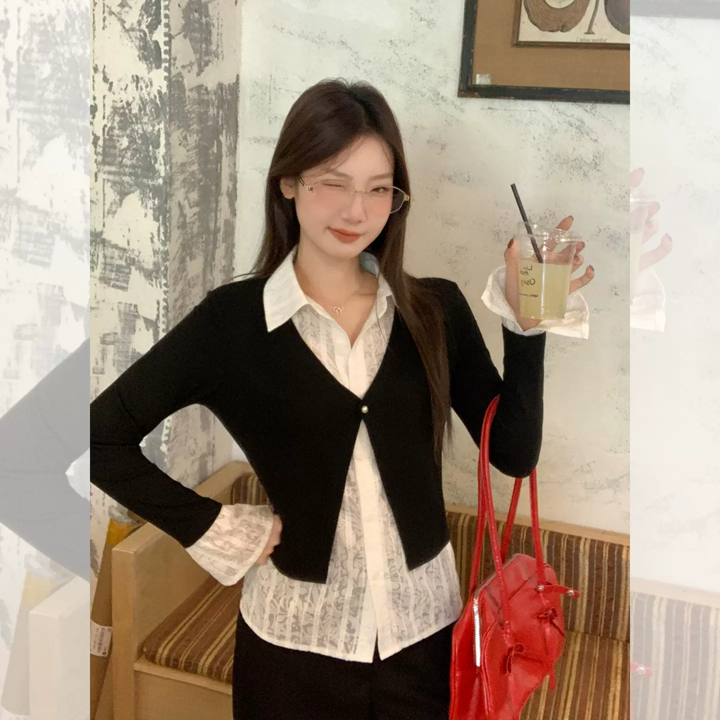 韩版假两件长袖t恤女秋季polo领衬衫拼接设计感独特新款时尚上衣