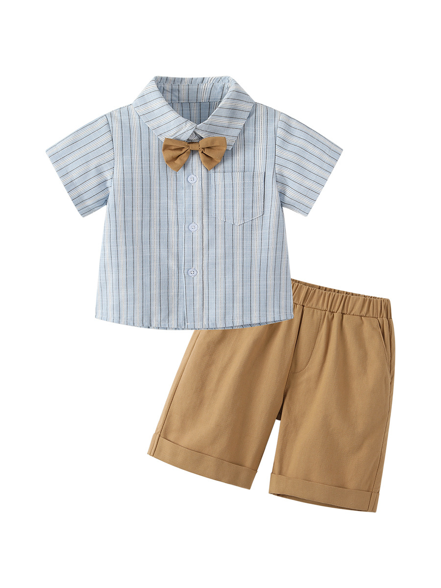 子供服男の子新品夏子供ストライプ半袖シャツバックパンツセット赤ちゃんスナップドレス2点セット