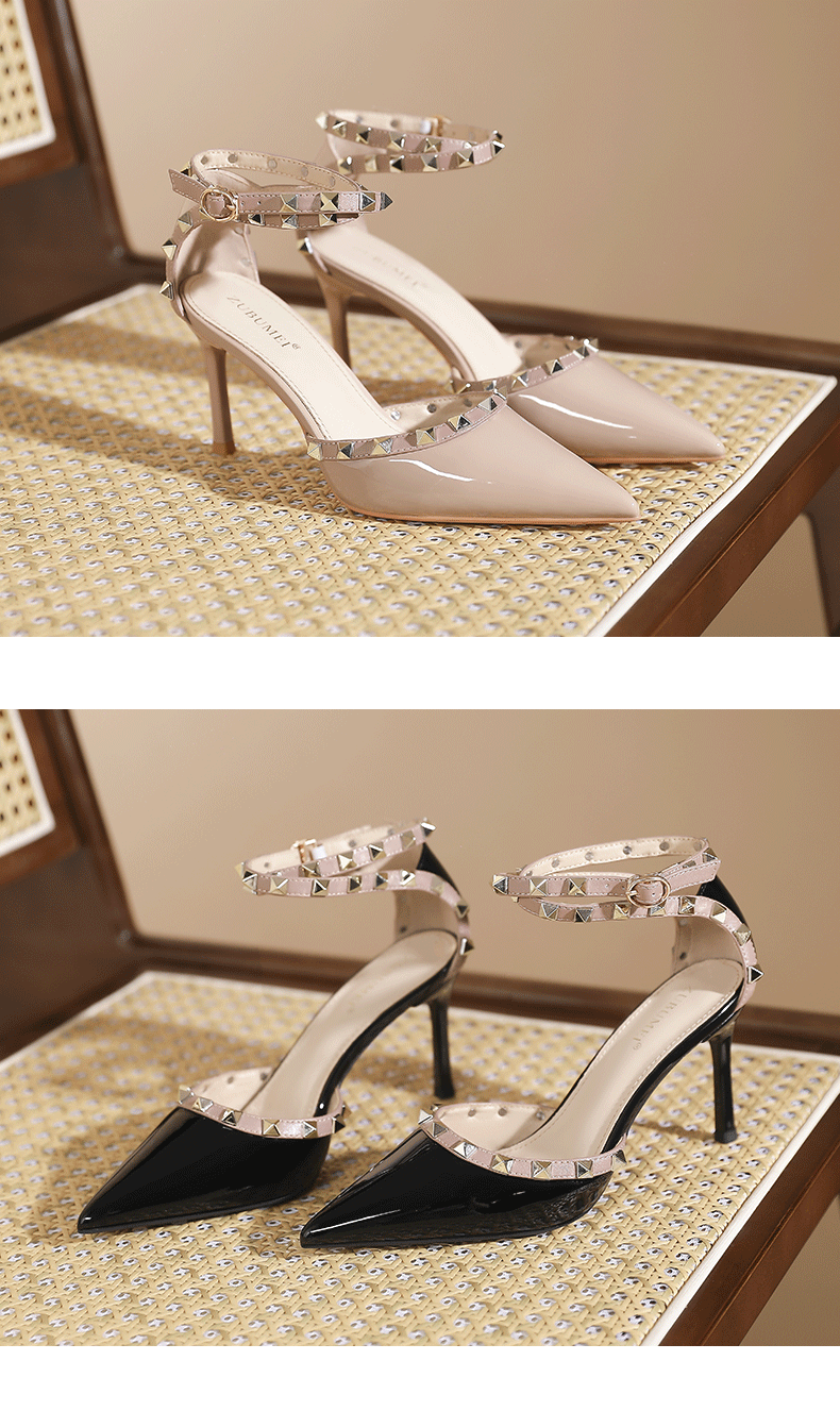 Sandal cao gót nữ mũi nhọn đinh tán gót nhọn — Màu đen chi tiết 8