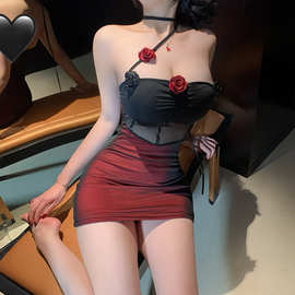 性感拼接抹胸裙女镂空秘书装立体玫瑰双层网纱包臀裙辣妹显瘦睡裙