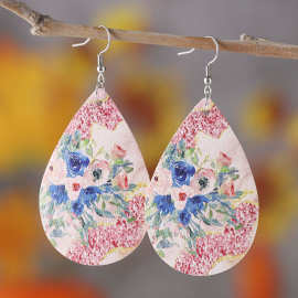 欧美跨境独立站古典民族风浪漫粉色玫瑰花耳环双面PU皮革水滴耳饰