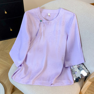 New Chinese Style Improved National Trend Silky Jacquard Satin Three-Quarter Sleeve High-End Elegant Lady Top