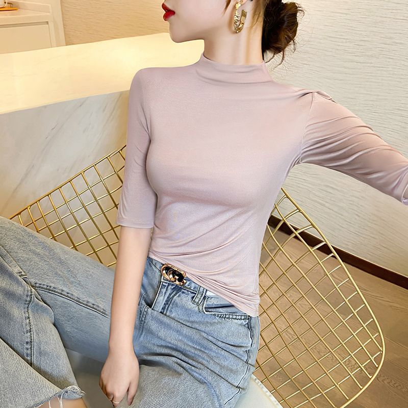 가죽 핑크 하프 터틀넥 7부소매