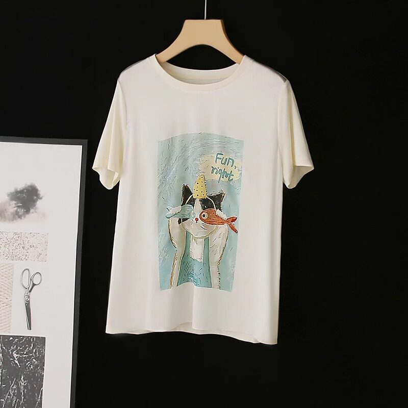 Feels amazing! Mulberry silk + cotton blend = comfortable, sweat-absorbent, and breathable~ Printed straight-cut round-neck short-sleeve T-shirt for women Feels amazing! Mulberry silk + cotton blend = comfortable, sweat-absorbent, and breathable~ Printed straight-cut round-neck short-sleeve T-shirt for women