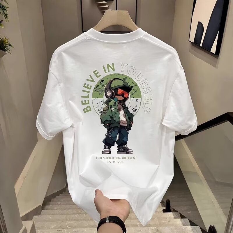 American trendy short-sleeved T-shirt for men, new summer style, fun brick-moving cat print, couple outfit, versatile and super popular top.