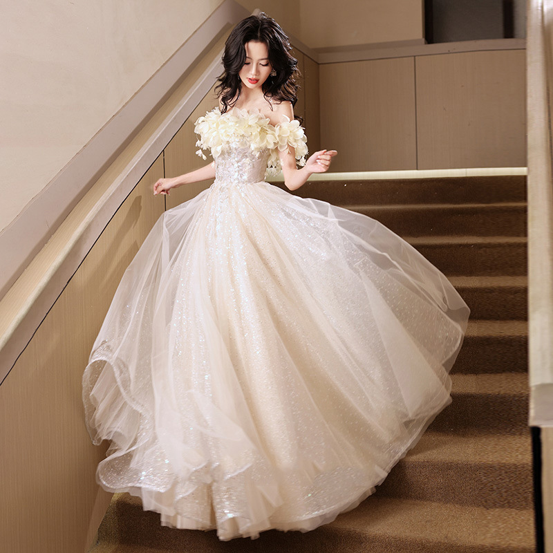 One-shoulder Banquet Evening Dress Dress Champagne High-end Light Luxury Niche Adult Ceremony Graduation Host Dress