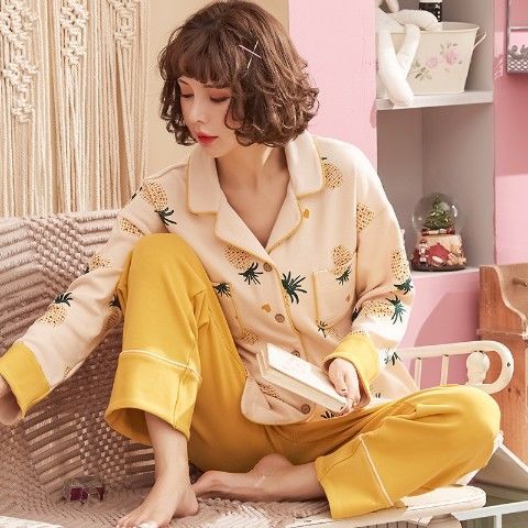 Pijamas mujer primavera y otoño 100% algodón de manga larga cardigan otoño algodón casual prendas de vestir exteriores ropa de hogar otoño e invierno dos piezas