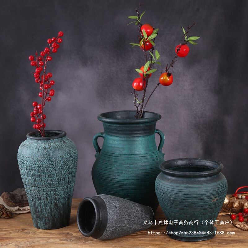 Vase Retro Stoneware Dried Flowers Fresh Flowers Hydroponic Chinese Succulent Flower Pot Clay Pot Home Good-Looking and Practical