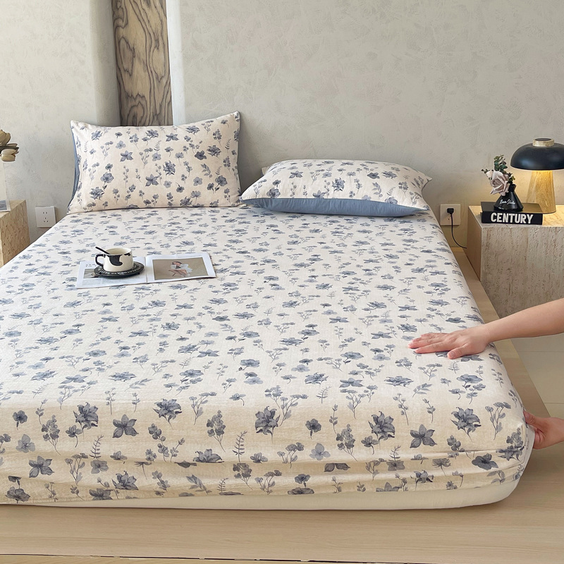 Class a Raw Cotton Wrinkled Yarn Single Fitted Sheet Floral Anti-Slip Dirt-Proof Household Bed Cover Mattress Cover Protective Cover Universal for All Seasons
