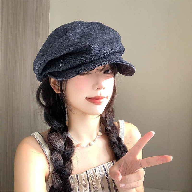 日系小众复古褶皱汉麻贝雷帽女2025新款大头围显脸小八角帽画家帽|undefined