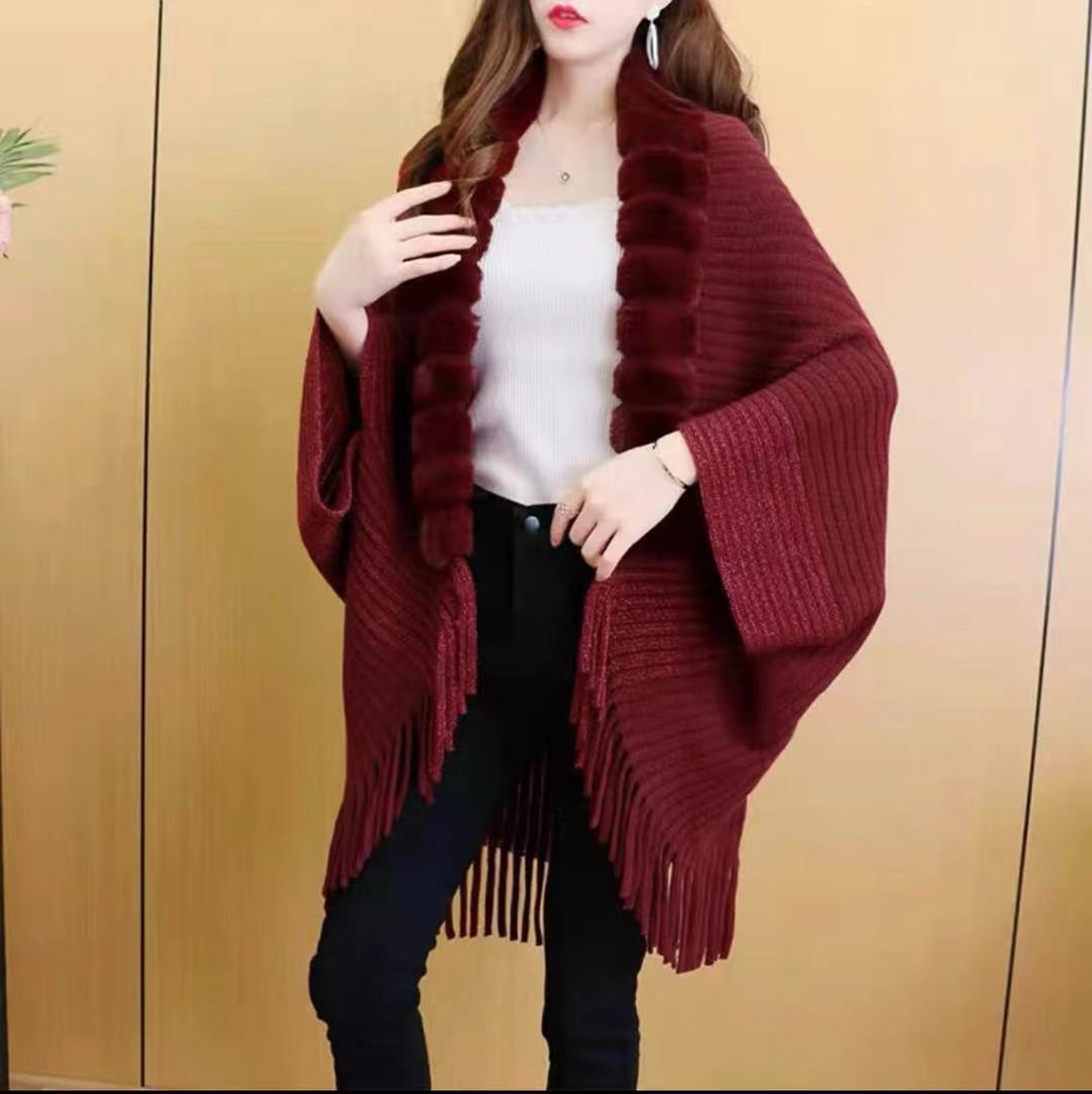 Lös pälskrage fransar stickad sjal cape stor storlek kofta cape kappa kvinna_voghion.com