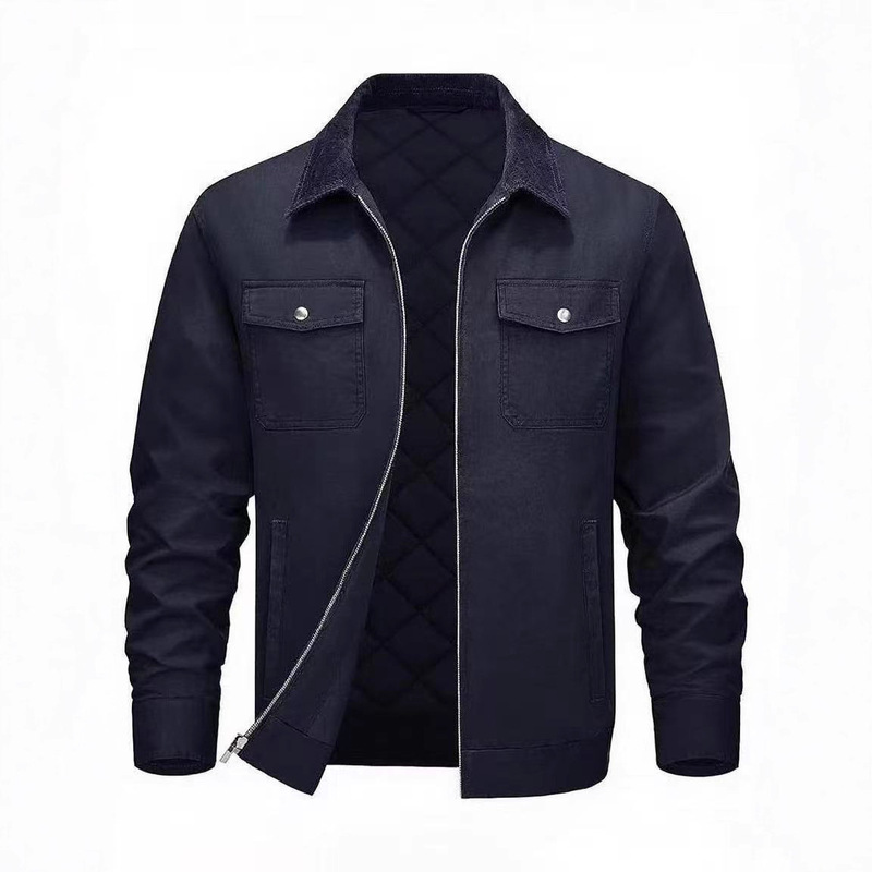 2025 Men's Cotton Jacket Amazon Long Sleeve Turn-Down Collar Solid Color Warm Loose Casual Men's Pure Cotton Jacket Windproof