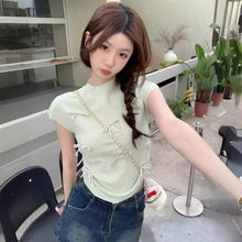 2024夏季韩版女装修身半高领蝴蝶结减龄设计感针织短袖纯欲上衣女