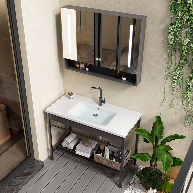 Acero inoxidable soporte de piso simple integrado lavabo lavabo cerámico lavabo balcón lavabo gabinete