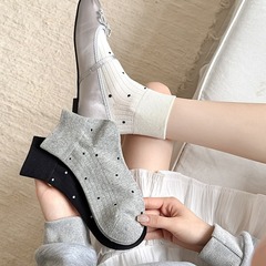 Women's white polka dot short socks, Korean Dongdaemun lady socks, miu-style grey puff socks