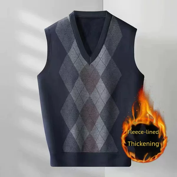 Autumn and Winter Men's Fleece-Lined Thickened V-Neck Argyle Vest Casual Jacquard Sweater Pullover Vest Wholesale