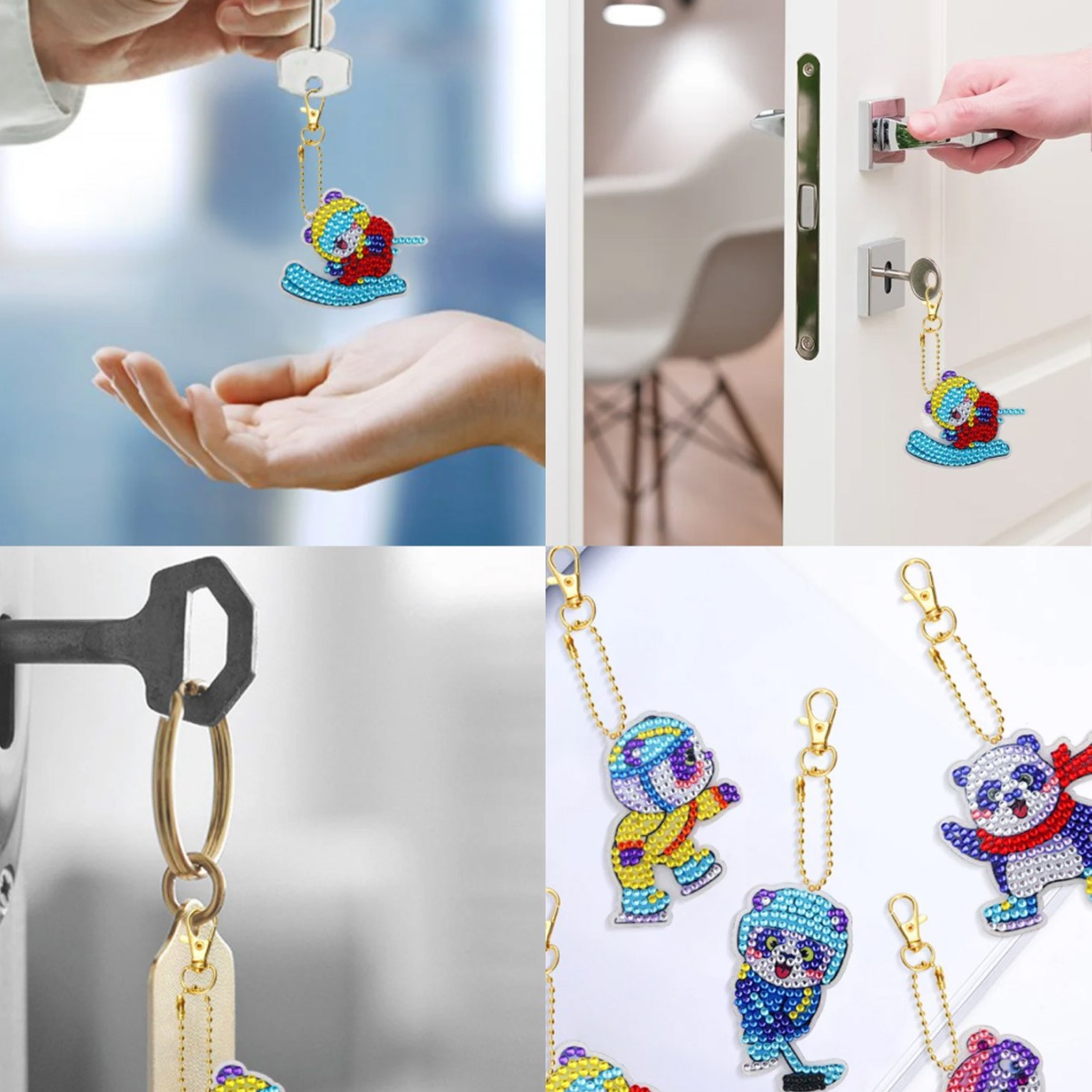 DIY diamante pintura llavero diamante brillante especial en forma de dibujos animados acrílico esquí Panda traje fábrica venta directa al por mayor