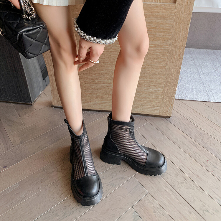 Boot nữ cổ cao đế dày gót bánh xốp da bò lưới thoáng khí xuân hè 2024 — Màu đen, Màu trắng be chi tiết 90