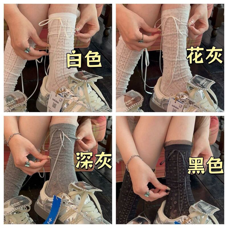 夏季薄款堆堆袜纯色透气女袜中筒袜显瘦jk袜短袜蝴蝶结印花袜子女|undefined