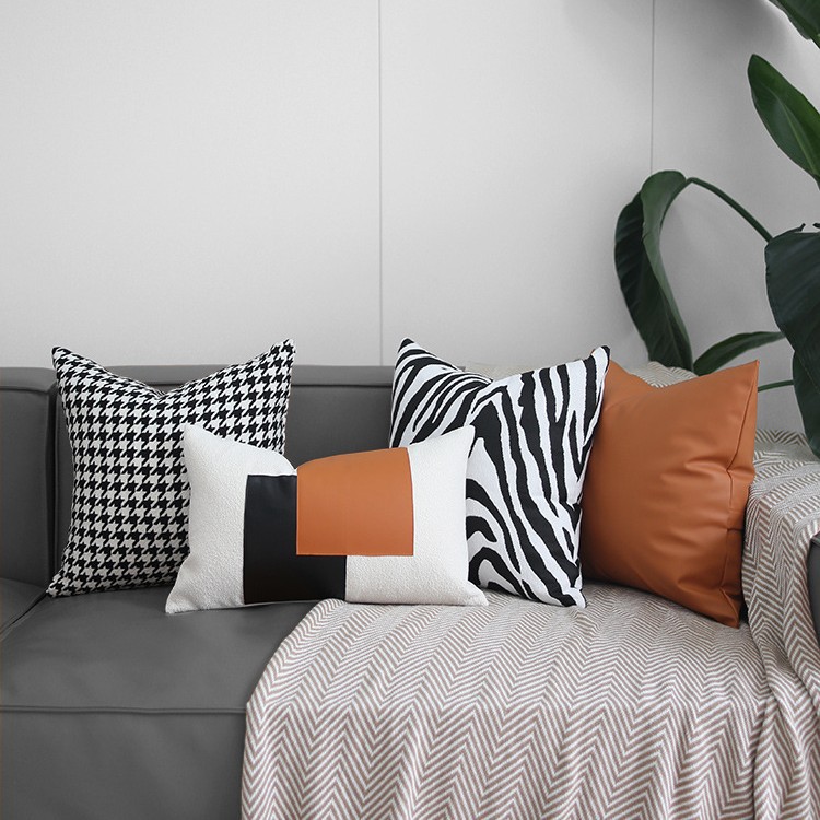 現代輕奢橙色沙發抱枕靠墊套不含芯45x45x50客廳感千鳥格批發