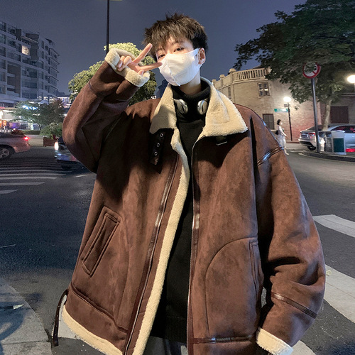 Suede cotton coat men's winter trend ins loose lapel thickened cotton coat trendy brand fur integrated motorcycle jacket