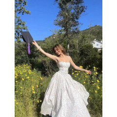 美神のフランス式の優雅な花は腰を収めて仙気の女神のガーターのワンピースのロングスカートを掛けます。