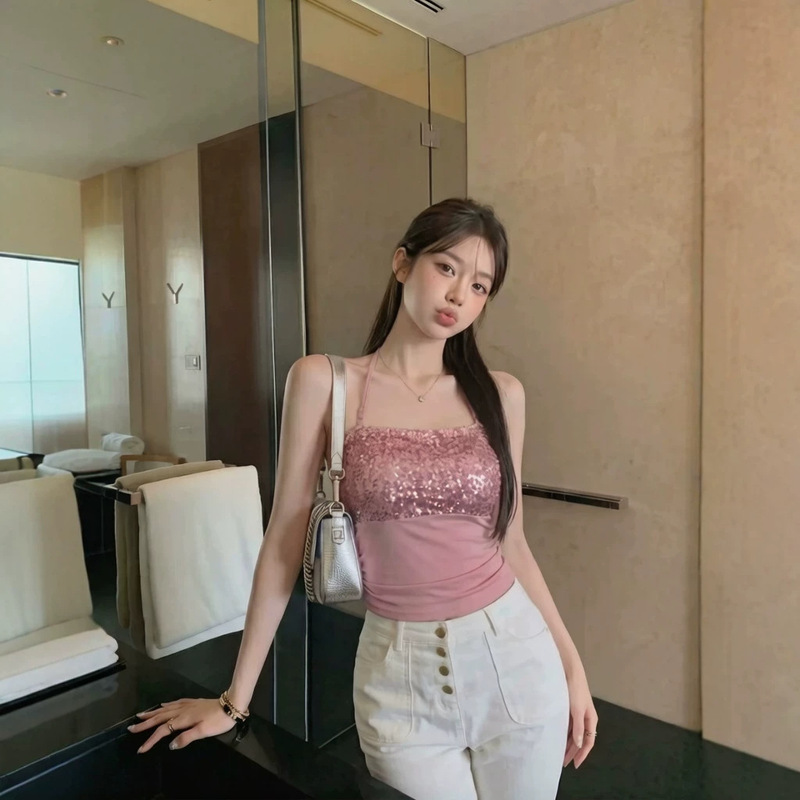 Pure Desire Style Silver Sequin Halter Neck Tank Top for Women, New Summer Slim Fit Street Style Hot Girl Short Top Pure Desire Style Silver Sequin Halter Neck Tank Top for Women, New Summer Slim Fit Street Style Hot Girl Short Top