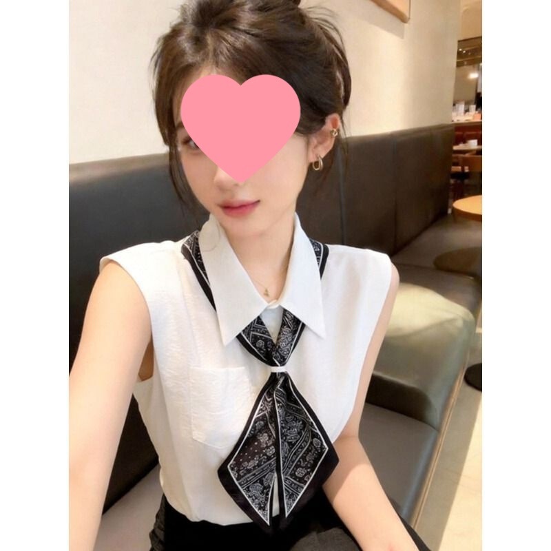 Elegant Silk Scarf Tie Sleeveless Shirt Vest for Women, Short Summer Outerwear with a Unique and Stylish Design Elegant Silk Scarf Tie Sleeveless Shirt Vest for Women, Short Summer Outerwear with a Unique and Stylish Design