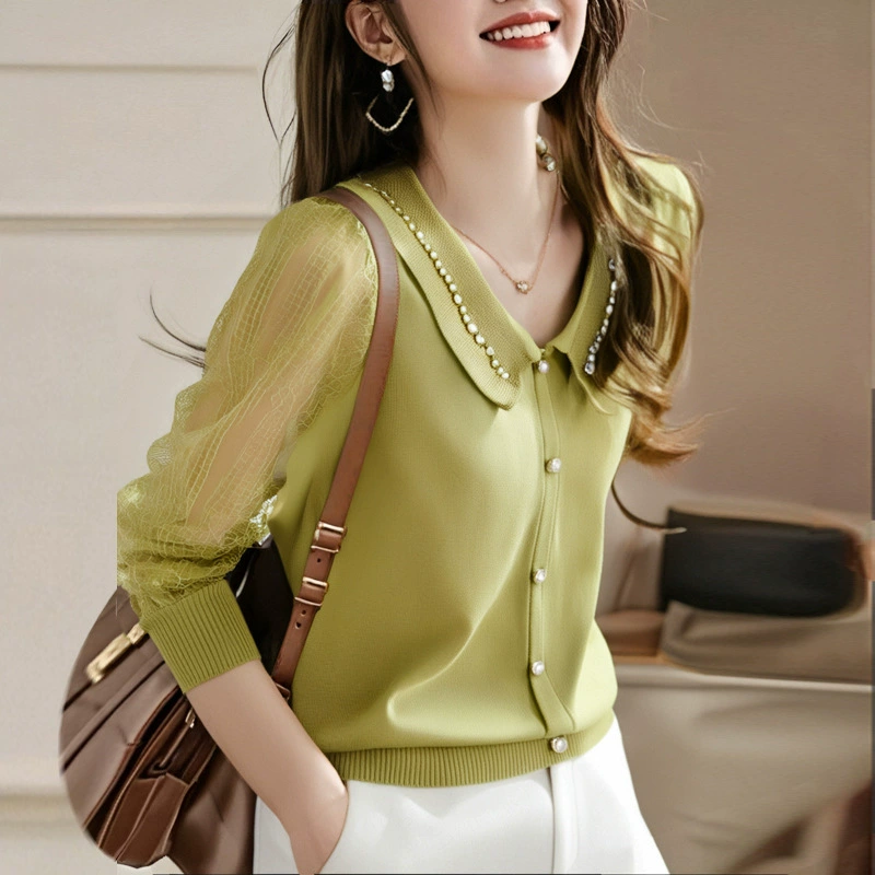 Женская оптовая продажа настоящие фотографии 2025 года весна и лето новый вязаный свитер с V-образным вырезом темпераментный топ кружевная пряжа рукава свитер с детским вырезом