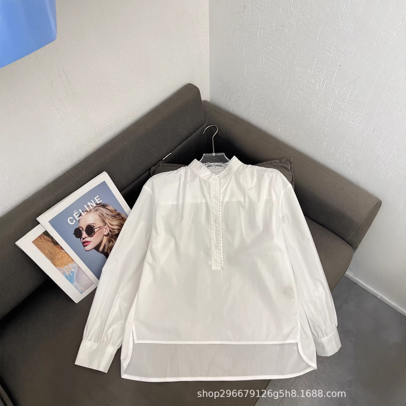 Nanyou 2026 New Style French Romantic Girly Lace Patchwork White Pure Cotton Shirt with Small Stand Collar and Front Short Back Long Design