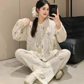 100%双层纱布纯棉套装月子服女孕妇睡衣哺乳服夏季孕期可调节家居