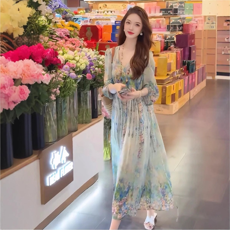 Fls3922 Holiday Style Tea Break French Floral Dress 2025 Summer New Fashion Elegant Waist Long Skirt