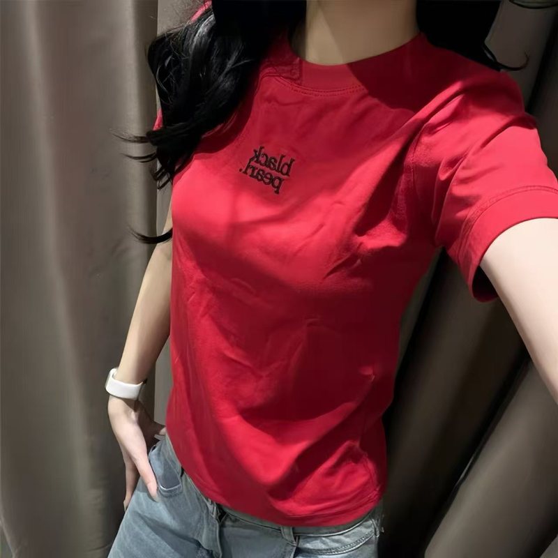 字母刺绣短袖T恤女2025夏季新款修身女式圆领学生女装上衣服女潮|undefined