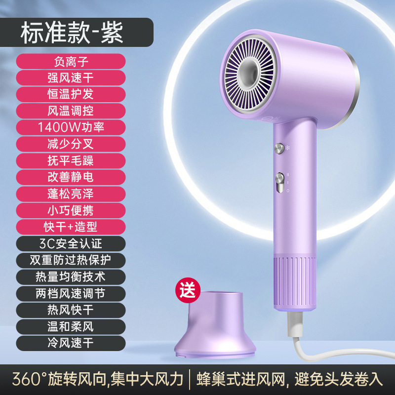 【D1-D】보라색【유럽 규격 - 220V】- 10억 개 이상의 음이온 발생 + 2만 회 회전 + 4가지 모드 + 클립형 노즐 + 1400W