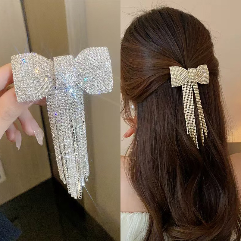 鑲鑽蝴蝶結流蘇髮夾網紅新款水鑽發卡頭飾夾子韓國精緻劉海夾側邊